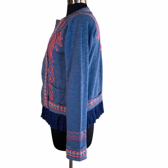 Johnny Was Yatzil Fringe Jacket Blue Red Embroidery Sz Small Boho Western Hippie - Picture 4 of 10